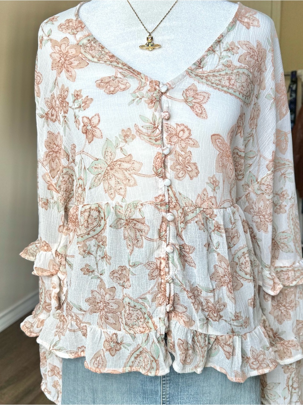 American Eagle Floral Cottagecore Ruffle Peasant Women's Long Sleeve Fall Blouse